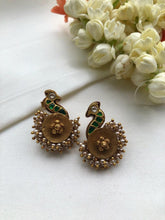 Green kundan peacock earrings with pearls around-Earrings-PL-House of Taamara