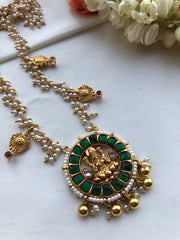 Green kundan round Lakshmi pendant with pearls mala-Silver Neckpiece-PL-House of Taamara