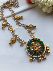 Green kundan round Lakshmi pendant with pearls mala-Silver Neckpiece-PL-House of Taamara