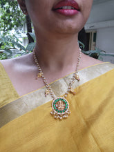 Green kundan round Lakshmi pendant with pearls mala-Silver Neckpiece-PL-House of Taamara