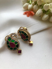 Green kundan & ruby earrings with zircons around-Earrings-PL-House of Taamara