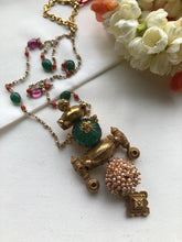 Green pumkin bead vintage style pendant with coral & green beads chain-Silver Neckpiece-PL-House of Taamara