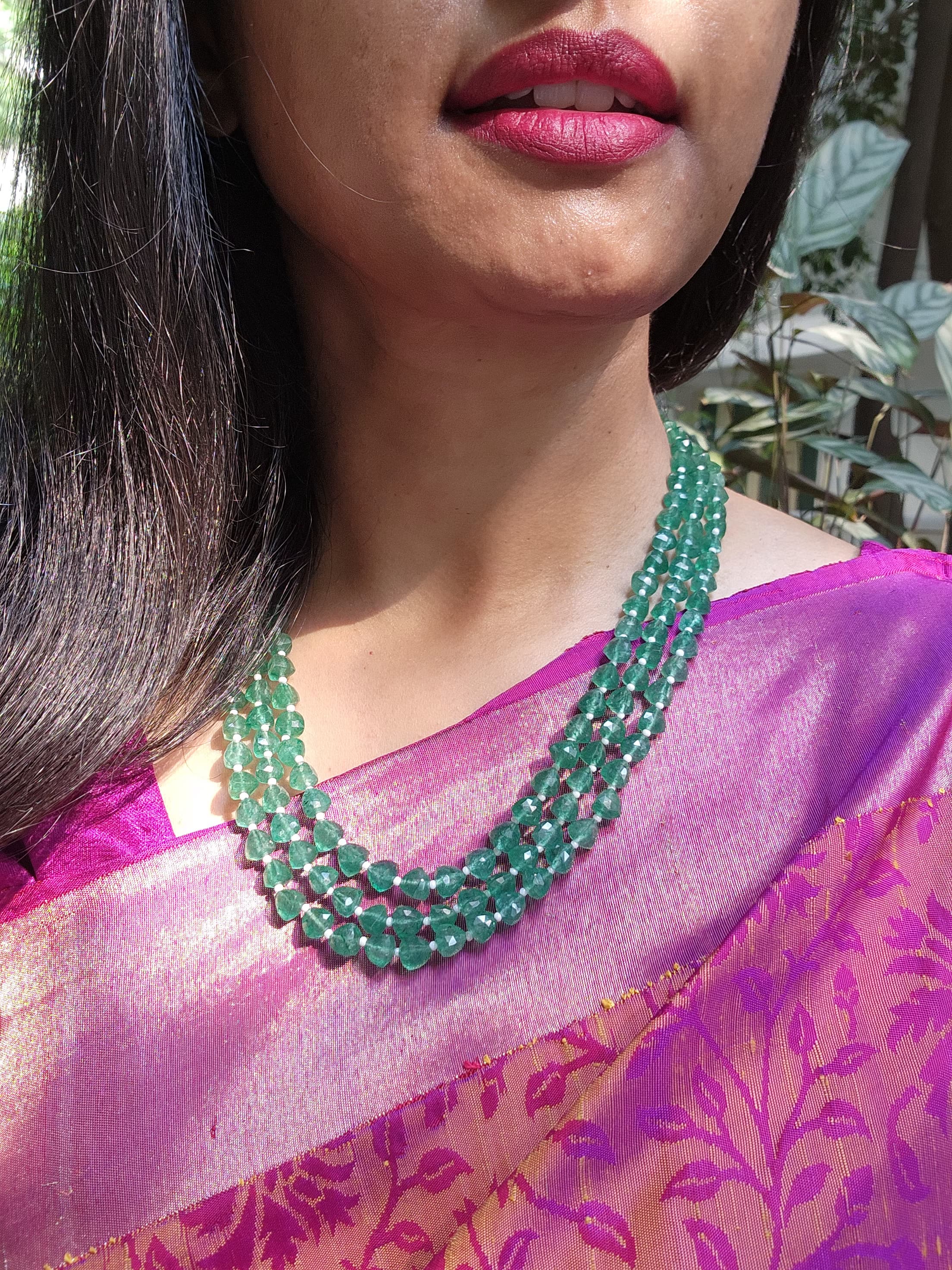 Green triangle beads mala-Silver Neckpiece-PL-House of Taamara