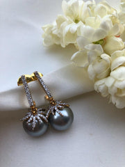 Grey pearls with zircon leaf earrings-Earrings-PL-House of Taamara