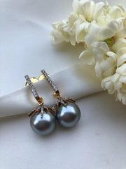 Grey pearls with zircon leaf earrings-Earrings-PL-House of Taamara