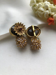 Grey quartz with antique flower & pearls bunch-Earrings-PL-House of Taamara