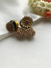 Grey quartz with antique flower & pearls bunch-Earrings-PL-House of Taamara