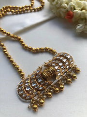 Gundu mala necklace with kundan pendant-Silver Neckpiece-pl-House of Taamara