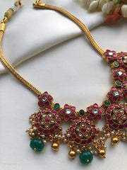 Guttu pusalu style battu necklace with Green pumpkin beads-Silver Neckpiece-PL-House of Taamara