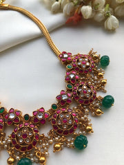 Guttu pusalu style battu necklace with Green pumpkin beads-Silver Neckpiece-PL-House of Taamara