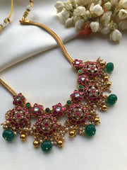 Guttu pusalu style battu necklace with Green pumpkin beads-Silver Neckpiece-PL-House of Taamara