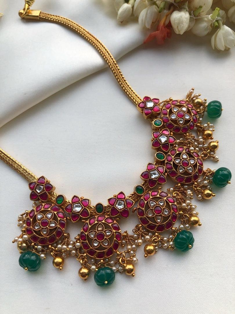 Guttu pusalu style battu necklace with Green pumpkin beads-Silver Neckpiece-PL-House of Taamara