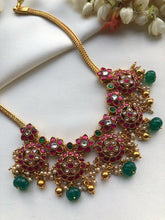 Guttu pusalu style battu necklace with Green pumpkin beads-Silver Neckpiece-PL-House of Taamara