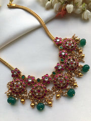 Guttu pusalu style battu necklace with Green pumpkin beads-Silver Neckpiece-PL-House of Taamara