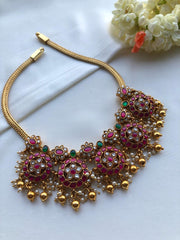 Guttu pusalu style battu necklace with gundus and pearls bunch-Silver Neckpiece-PL-House of Taamara