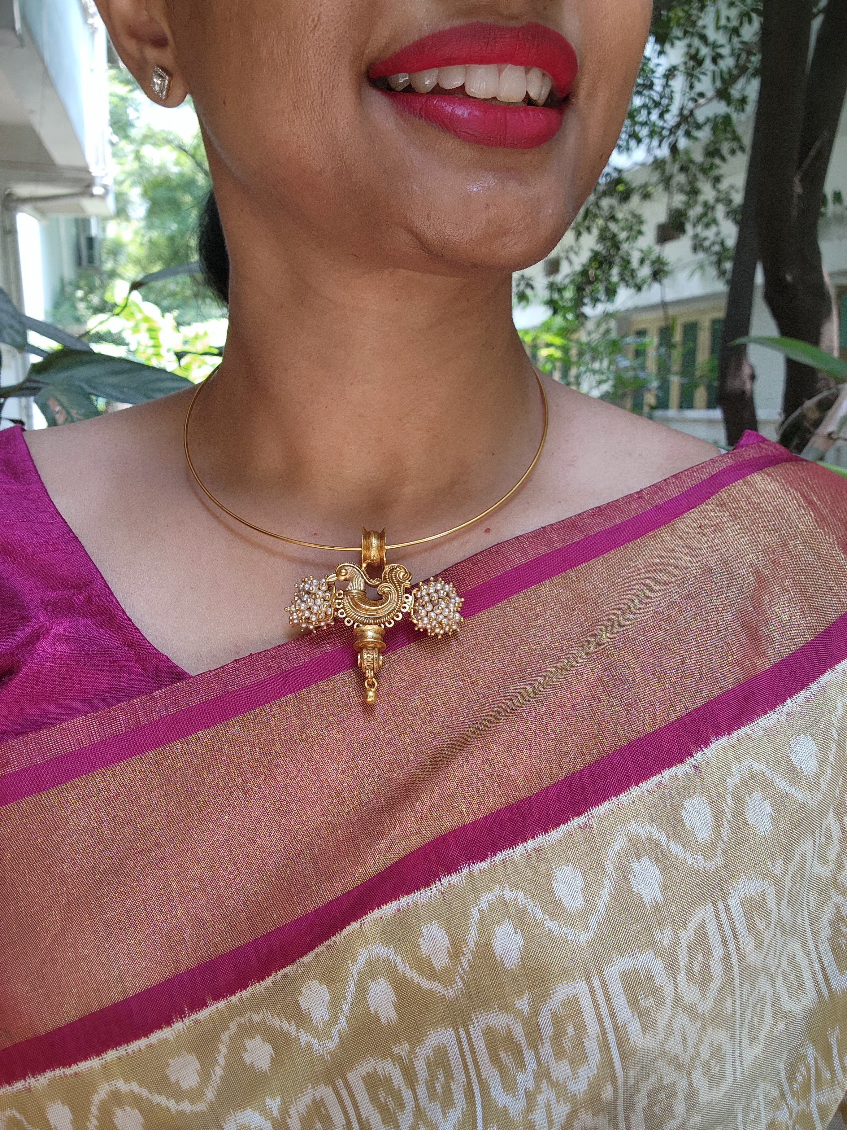 Hasli with Peacock pendant with bobin & pearls bunch-Silver Neckpiece-pl-House of Taamara