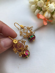 Hook filigree earrings with kundan & ruby bead-Earrings-PL-House of Taamara
