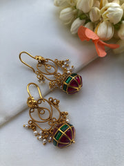 Hook filigree earrings with kundan & ruby bead-Earrings-PL-House of Taamara