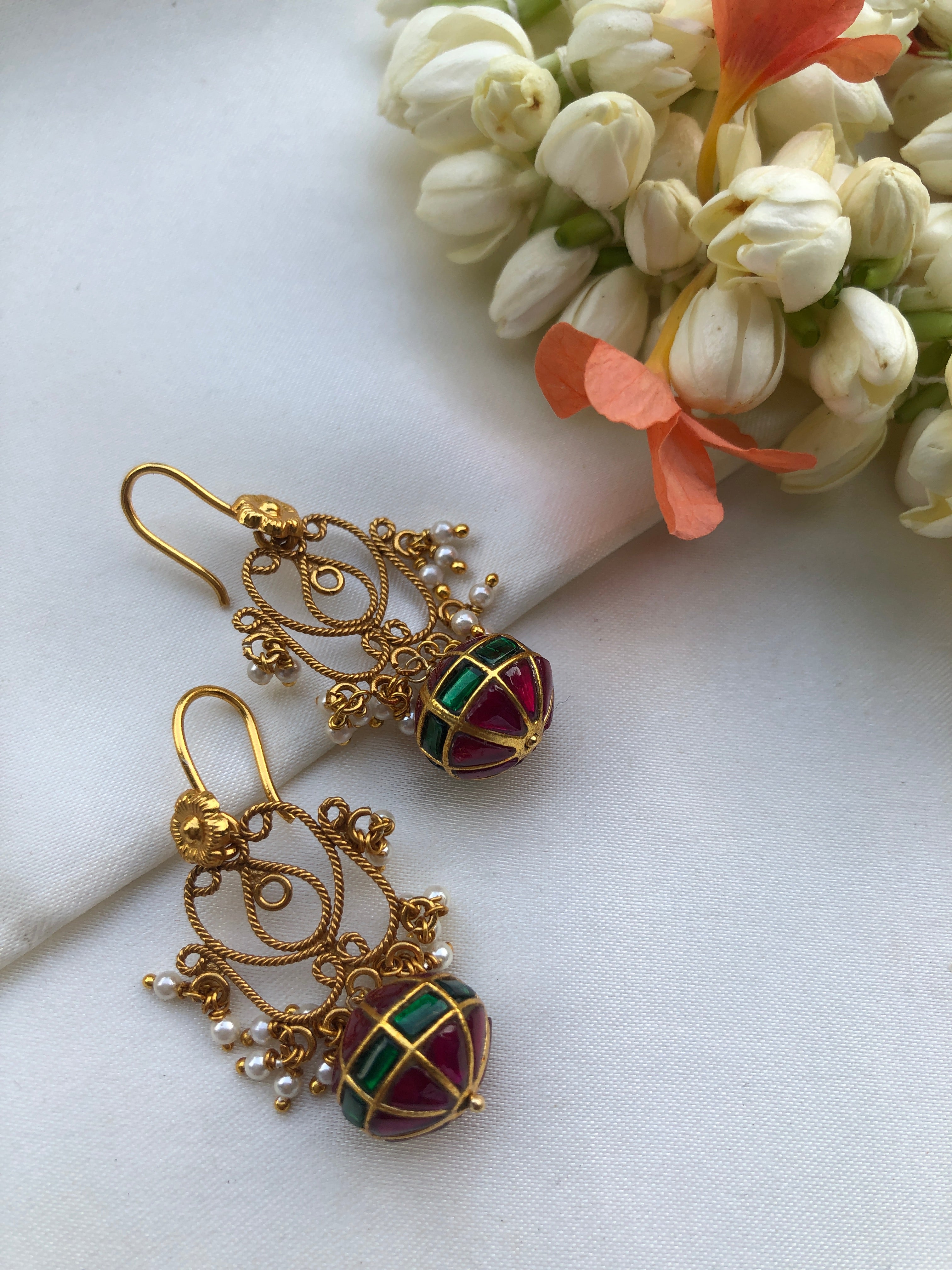 Hook filigree earrings with kundan & ruby bead-Earrings-PL-House of Taamara