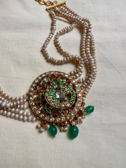 Gold polish kundan & emerald peacock choker with pearl strings and green onyx beads