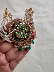 Gold polish kundan & emerald peacock choker with pearl strings and green onyx beads