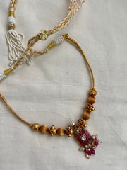 Gold polish kundan & ruby small square pendant necklace with pearls & ruby beads