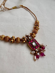 Gold polish kundan & ruby small square pendant necklace with pearls & ruby beads