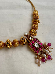 Gold polish kundan & ruby small square pendant necklace with pearls & ruby beads