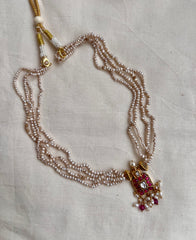 Gold polish kundan & ruby small square pendant necklace with pearls chain