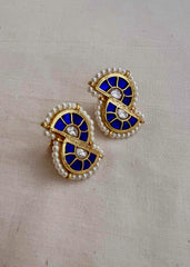 Gold polish blue & white kundan studs with pearls