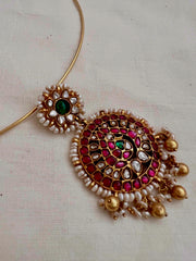 Kundan, ruby & emerald pendant with pearls and gold polish beads with hasli