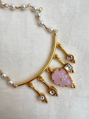 Gold polish kundan & rose quartz pendant with pearl and gold chain
