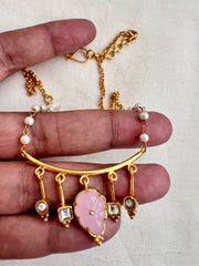 Gold polish kundan & rose quartz pendant with pearl and gold chain