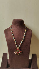 Jade & pearl beads chain with kundan, emerald & ruby pendant-Silver Neckpiece-CI-House of Taamara