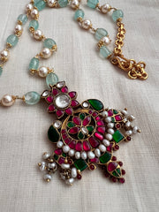 Jade & pearl beads chain with kundan, emerald & ruby pendant-Silver Neckpiece-CI-House of Taamara