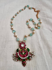 Jade & pearl beads chain with kundan, emerald & ruby pendant-Silver Neckpiece-CI-House of Taamara