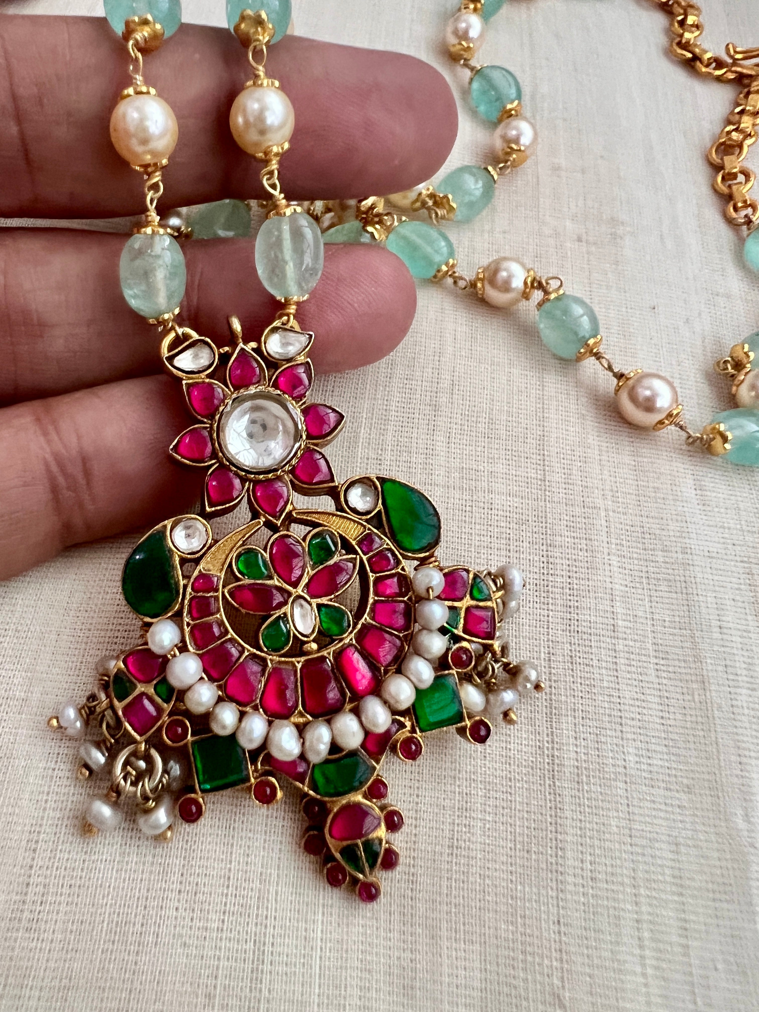 Jade & pearl beads chain with kundan, emerald & ruby pendant-Silver Neckpiece-CI-House of Taamara