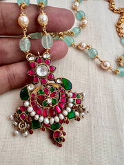 Jade & pearl beads chain with kundan, emerald & ruby pendant-Silver Neckpiece-CI-House of Taamara