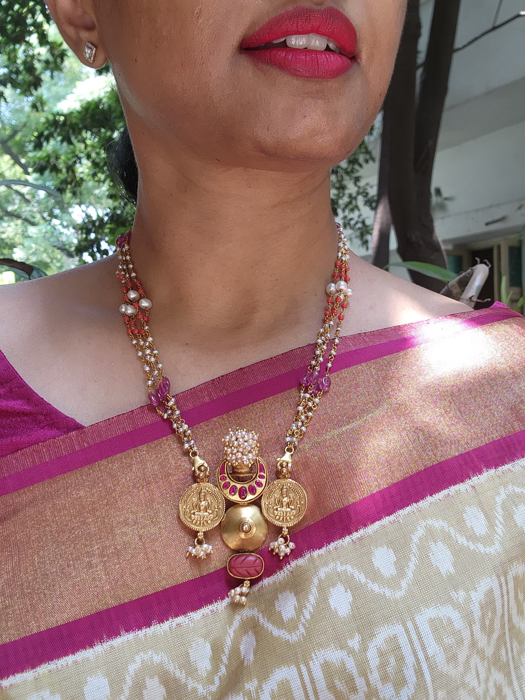 Kasu pendant with pearls, coral and ruby beads-Silver Neckpiece-pl-House of Taamara