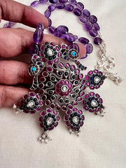 Kemp blue & pink stone pendant with amethyst beads chain-Silver Neckpiece-CI-House of Taamara