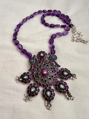 Kemp blue & pink stone pendant with amethyst beads chain-Silver Neckpiece-CI-House of Taamara