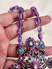 Kemp blue & pink stone pendant with amethyst beads chain-Silver Neckpiece-CI-House of Taamara