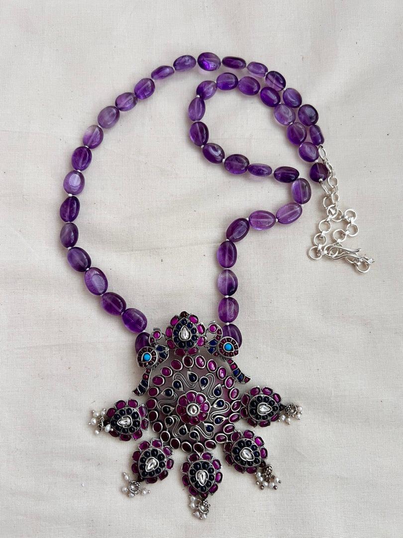 Kemp blue & pink stone pendant with amethyst beads chain-Silver Neckpiece-CI-House of Taamara