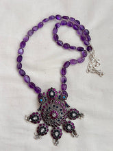 Kemp blue & pink stone pendant with amethyst beads chain-Silver Neckpiece-CI-House of Taamara