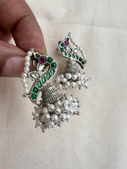 Kemp green & pink peacock jhumkas with pearls bunch-Earrings-CI-House of Taamara