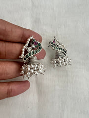 Kemp green & pink peacock jhumkas with pearls bunch-Earrings-CI-House of Taamara