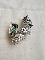 Kemp green & pink peacock jhumkas with pearls bunch-Earrings-CI-House of Taamara