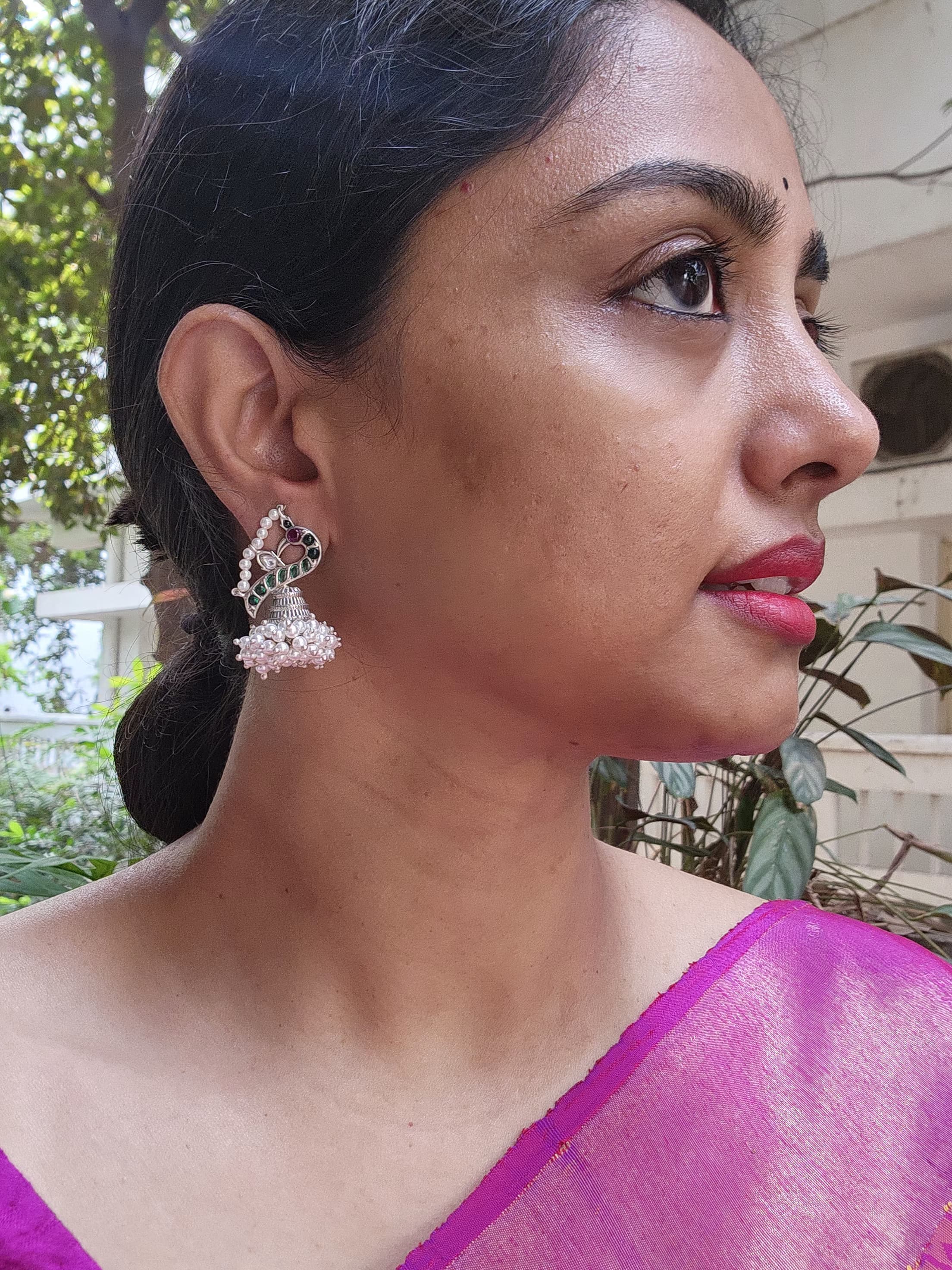 Kemp green & pink peacock jhumkas with pearls bunch-Earrings-CI-House of Taamara