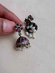 Kemp pink and zircon jhumkas with pearls-Earrings-CI-House of Taamara