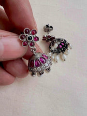 Kemp pink and zircon jhumkas with pearls-Earrings-CI-House of Taamara